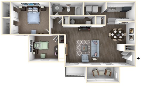 Floor plan for 2 beds, 1 bath, 940 sqft